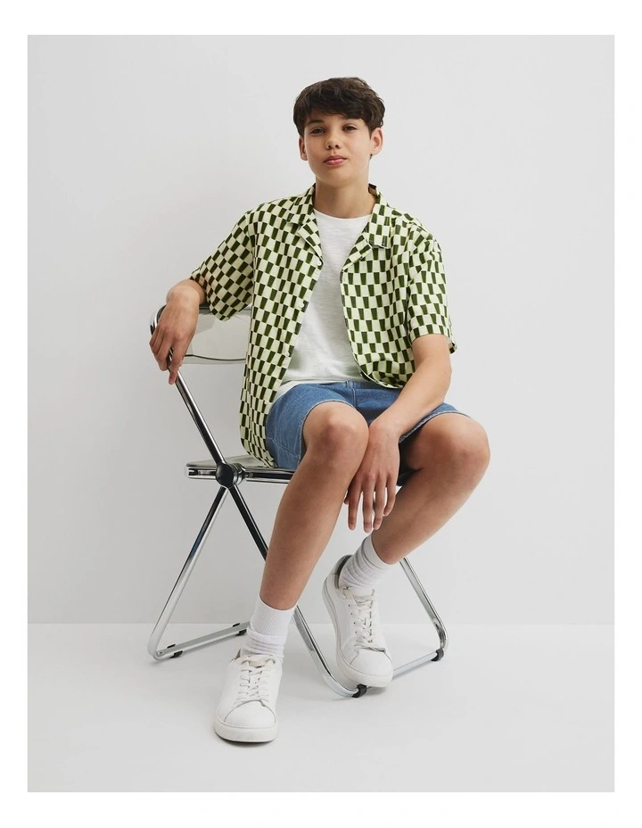 Teen Short Sleeve Geometric Print Shirt in Dark Olive Geo image 1