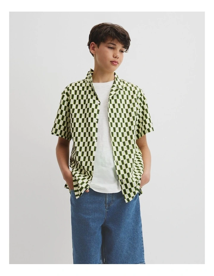 Teen Short Sleeve Geometric Print Shirt in Dark Olive Geo image 2