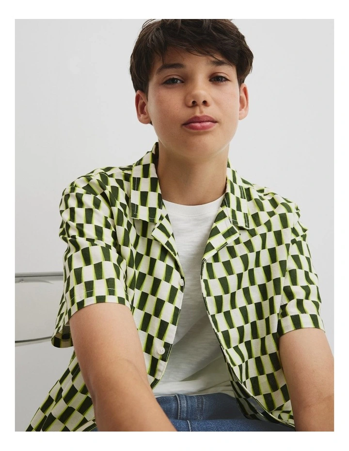 Teen Short Sleeve Geometric Print Shirt in Dark Olive Geo image 3