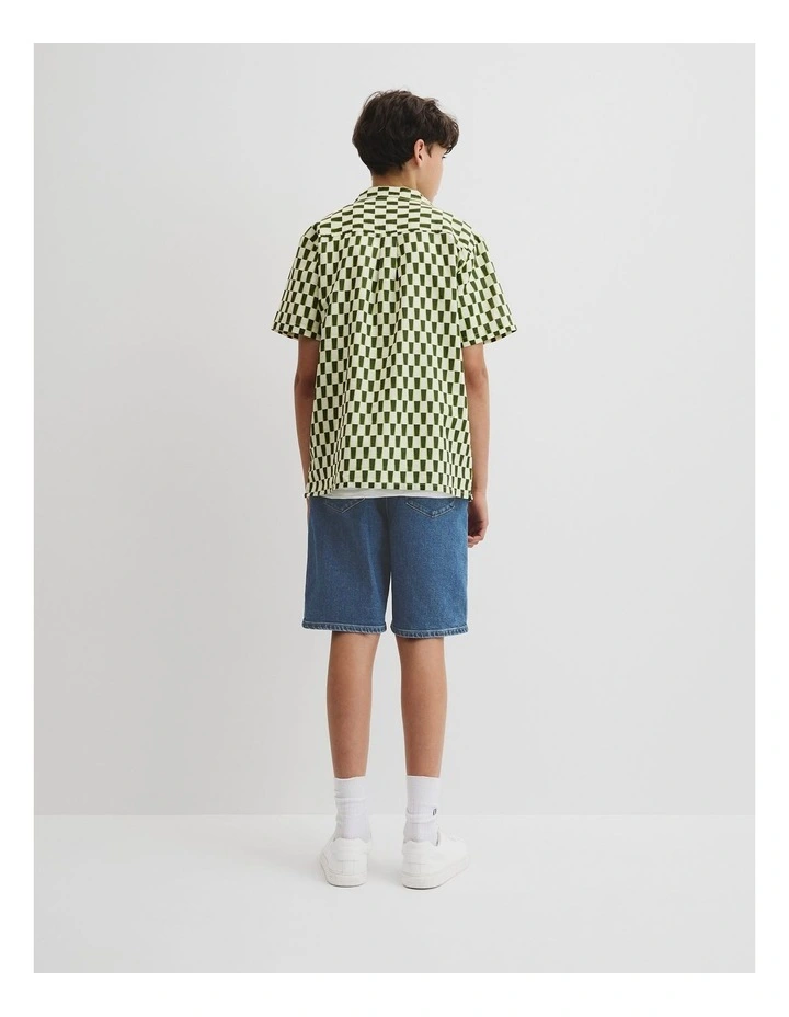 Teen Short Sleeve Geometric Print Shirt in Dark Olive Geo image 4