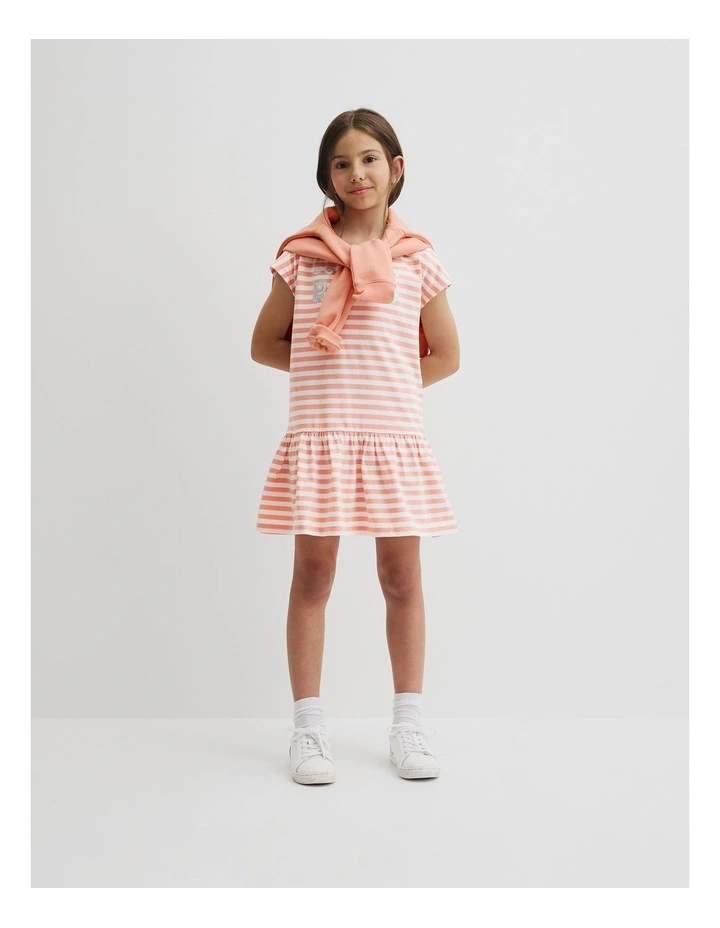 Drop Waist Logo T-shirt Dress in Peach Stripe image 1