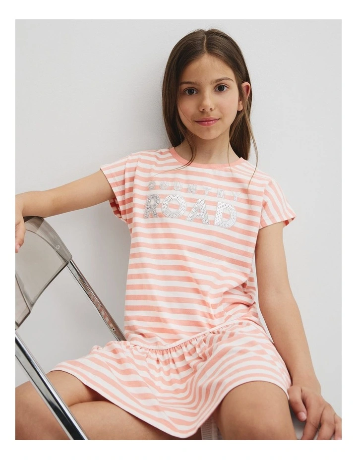 Drop Waist Logo T-shirt Dress in Peach Stripe image 2