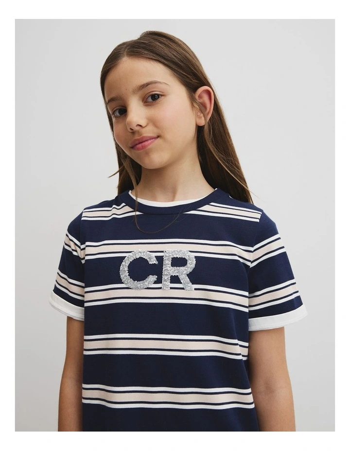 Cr Logo T-shirt Dress in Navy Stripe image 2