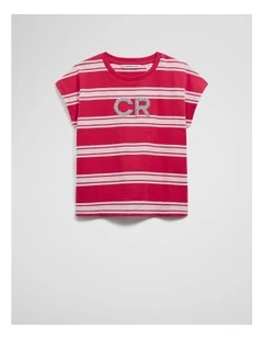 Organically Grown Cotton Stripe Cr Sequin T-shirt in Crimson