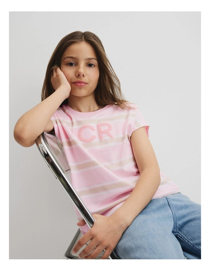 Organically Grown Cotton Stripe Cr Sequin T-shirt in Dawn Pink image 2
