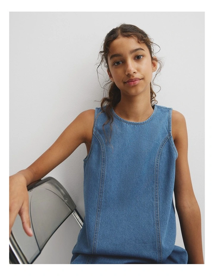 Teen Denim Shift Mini Dress in Light Indigo image 4
