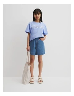 Teen Recycled Cotton Blend Longline Logo T-shirt in Powder Blue