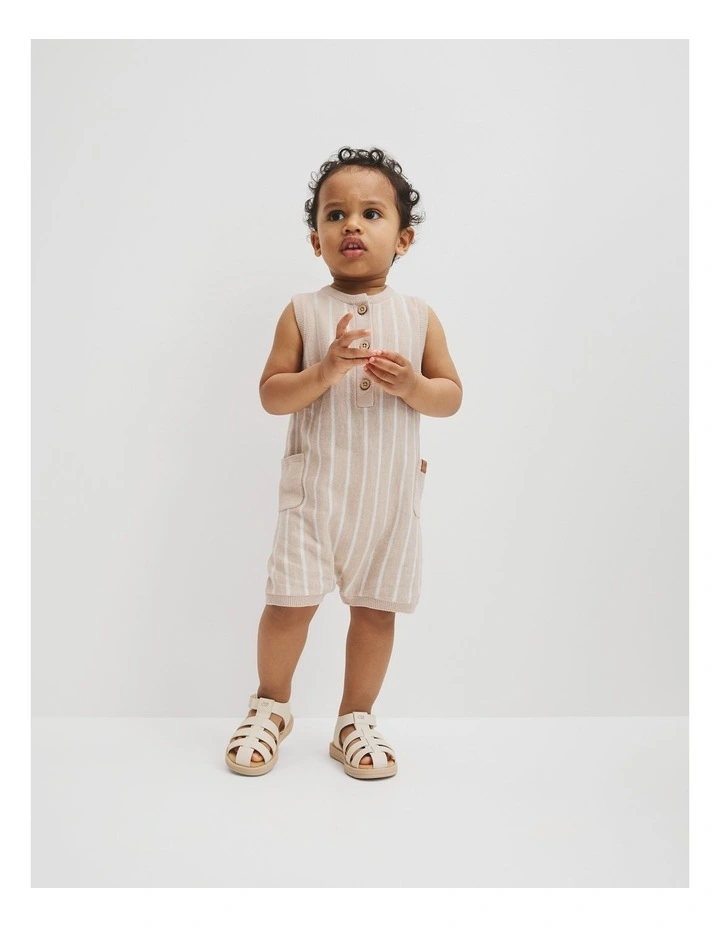 Knit Henley Romper in Oat Stripe image 1