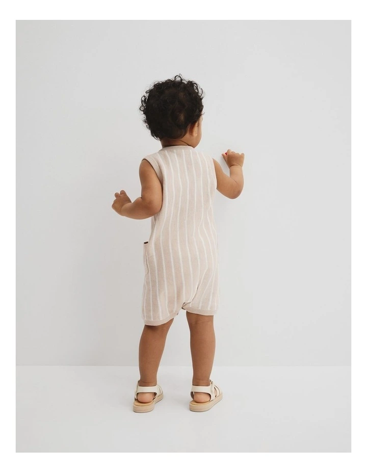 Knit Henley Romper in Oat Stripe image 3