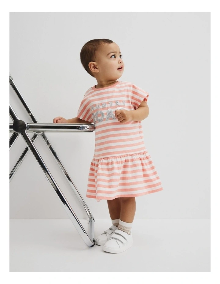 Drop Waist Logo T-shirt Dress in Peach Stripe image 1