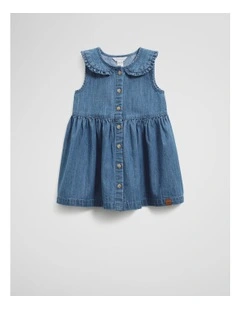Chambray Frill Neck Dress in Chambray