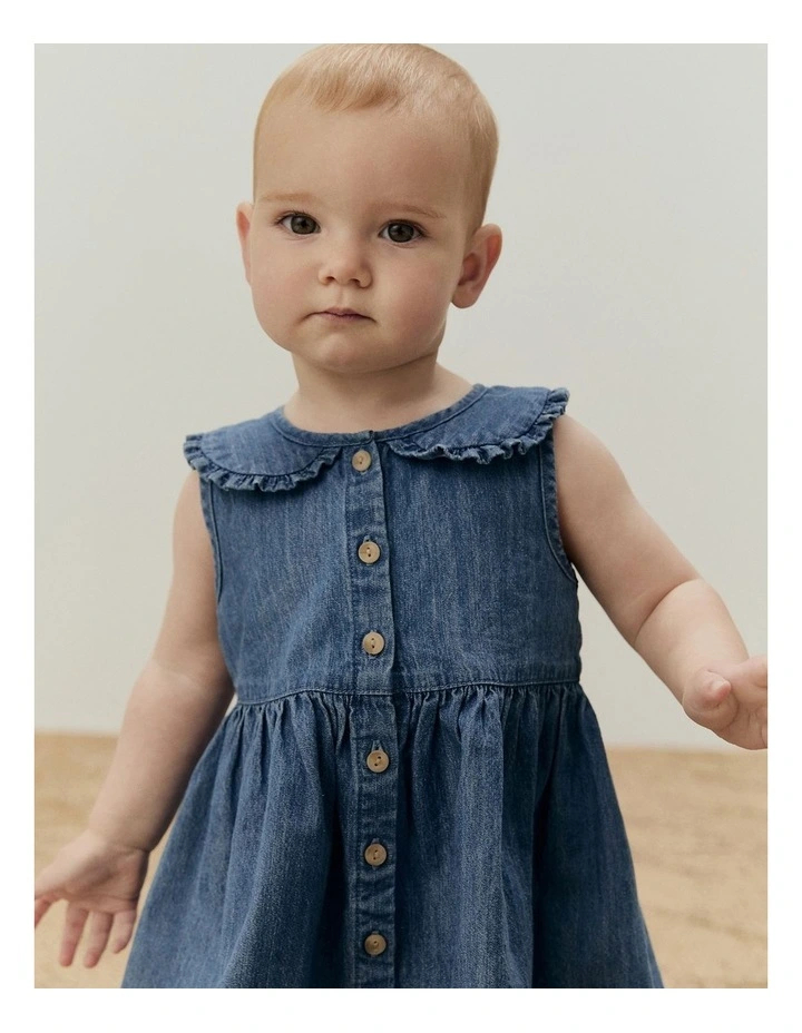 Chambray Frill Neck Dress in Chambray image 2