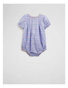Pintuck Short Sleeve Romper in Bluebell Geo