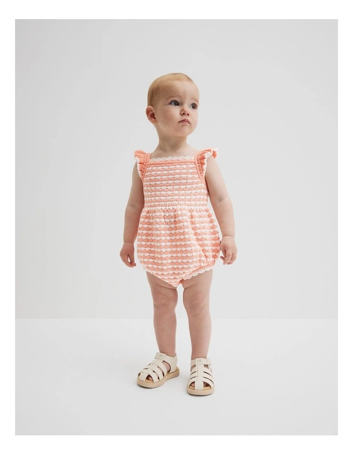 Frill Knit Romper in Peach Stripe image 1