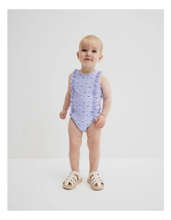 Frill Detail Bather in Bluebell Geo