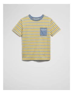 Organically Grown Cotton Pocket T-shirt in Mustard Stripe