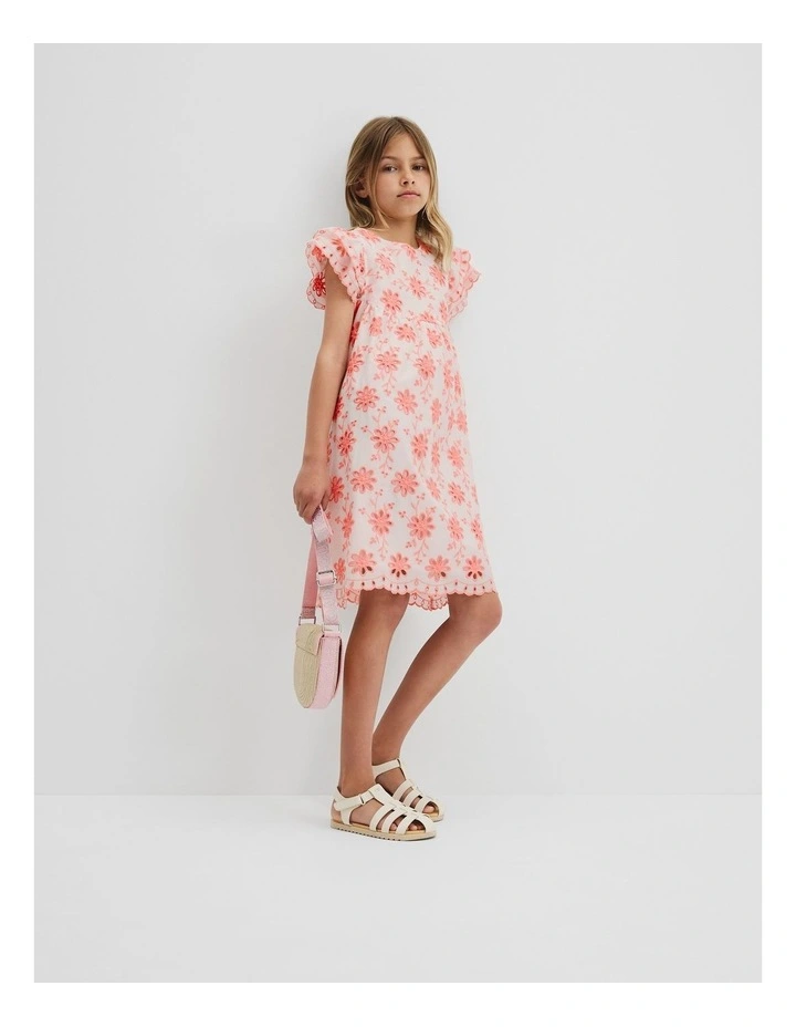 Broderie Frill Dress in Coral image 1