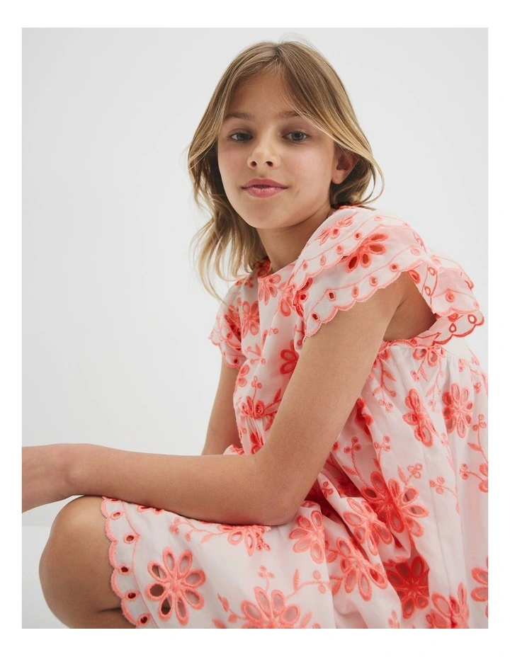 Broderie Frill Dress in Coral image 2