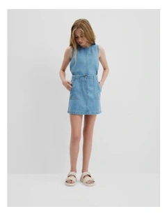 Teen Denim Pocket Mini Skirt in Light Indigo