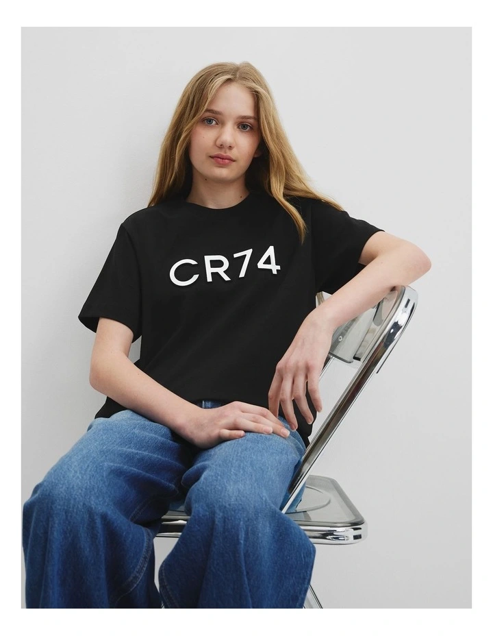 Teen Recycled Cotton Blend Longline Logo T-shirt in Black image 2