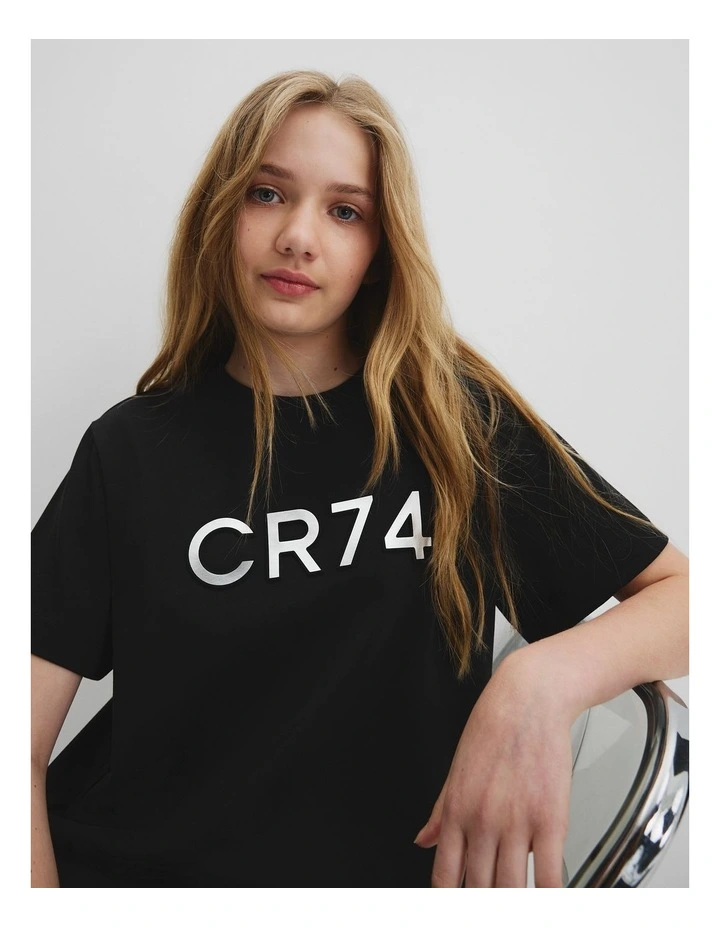 Teen Recycled Cotton Blend Longline Logo T-shirt in Black image 3