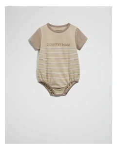 Organically Grown Cotton Stripe Logo T-shirt Bodysuit in Oat