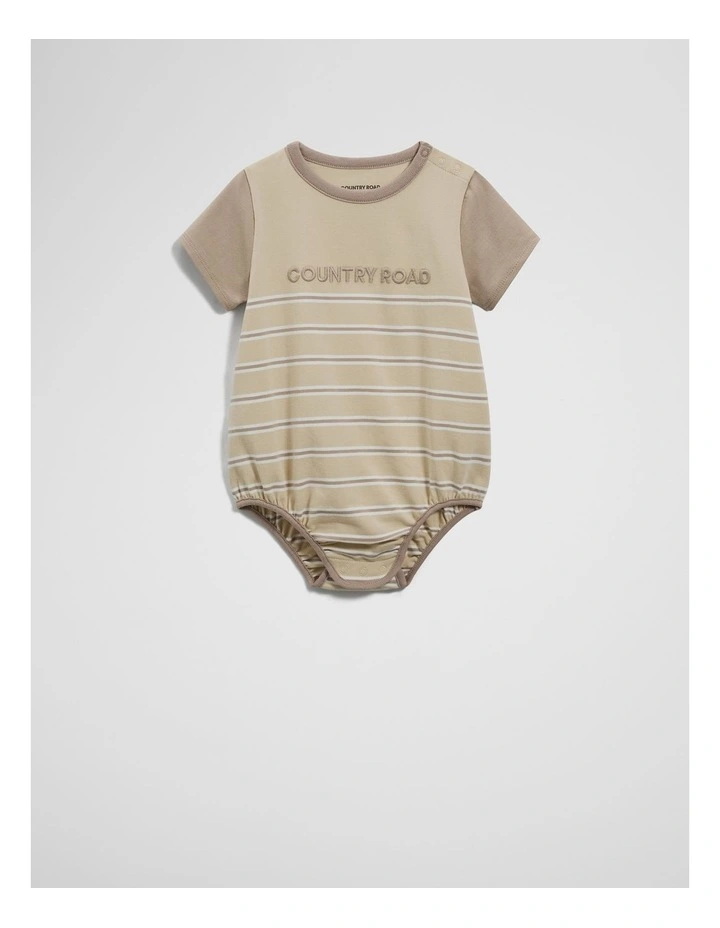 Organically Grown Cotton Stripe Logo T-shirt Bodysuit in Oat image 1