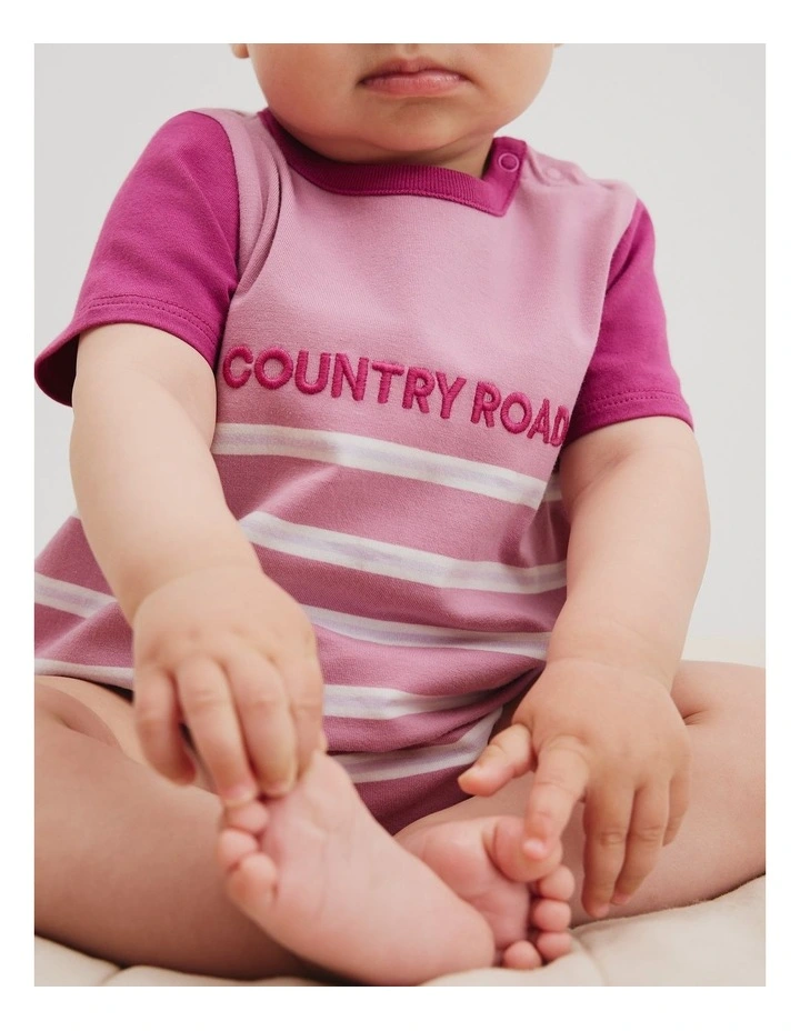Organically Grown Cotton Stripe Logo T-shirt Bodysuit in Berry image 2