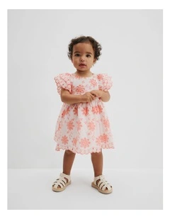 Broderie Frill Dress in Coral