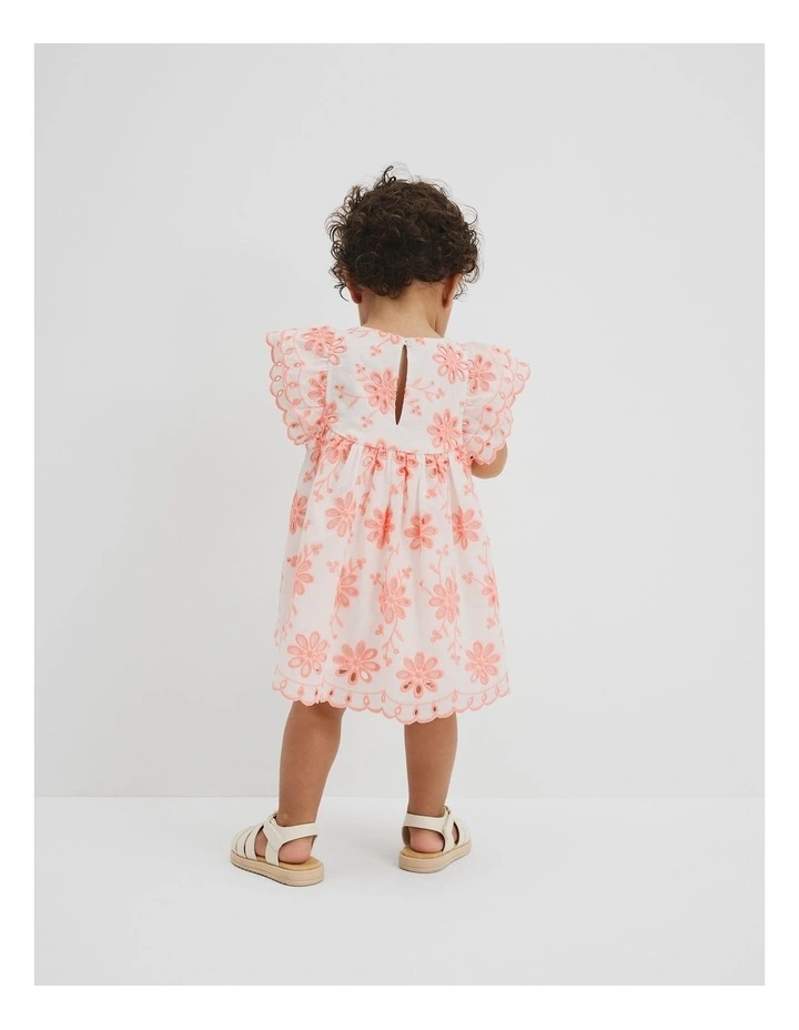 Broderie Frill Dress in Coral image 3
