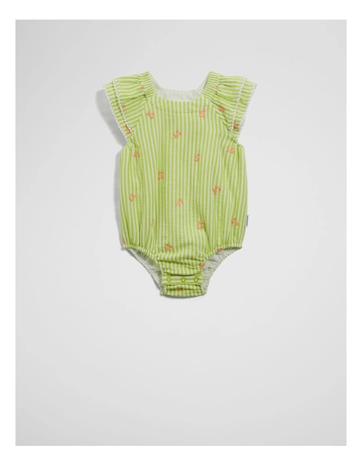 Stripe Embroidered Romper in Bright Lime Stripe image 1