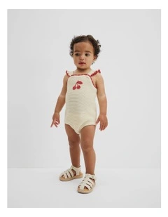 Cherry Knit Romper in Vanilla