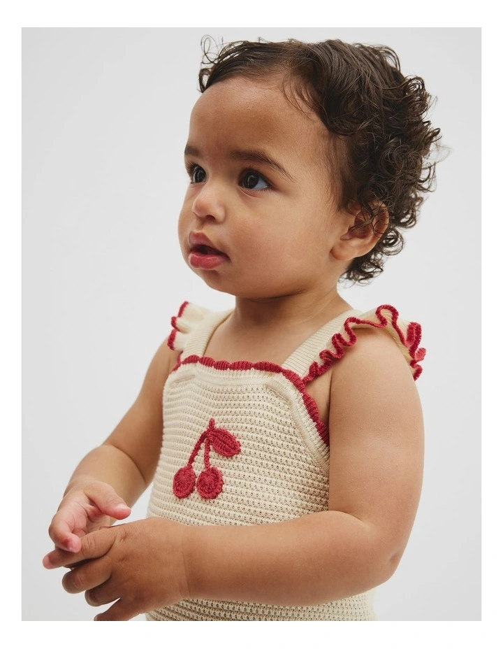 Cherry Knit Romper in Vanilla image 2