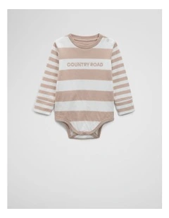 Spliced Stripe Long Sleeve Bodysuit in Mushroom