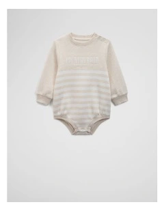 Organically Grown Cotton Logo Oversized Long Sleeve Bodysuit in Oatmeal Marle Stripe