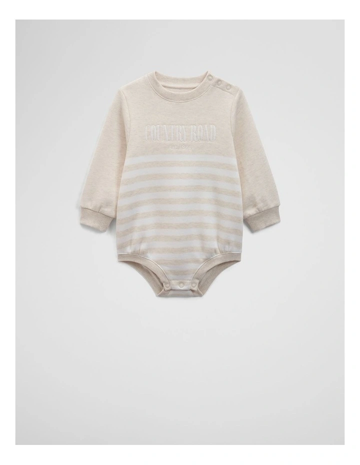Organically Grown Cotton Logo Oversized Long Sleeve Bodysuit in Oatmeal Marle Stripe image 1