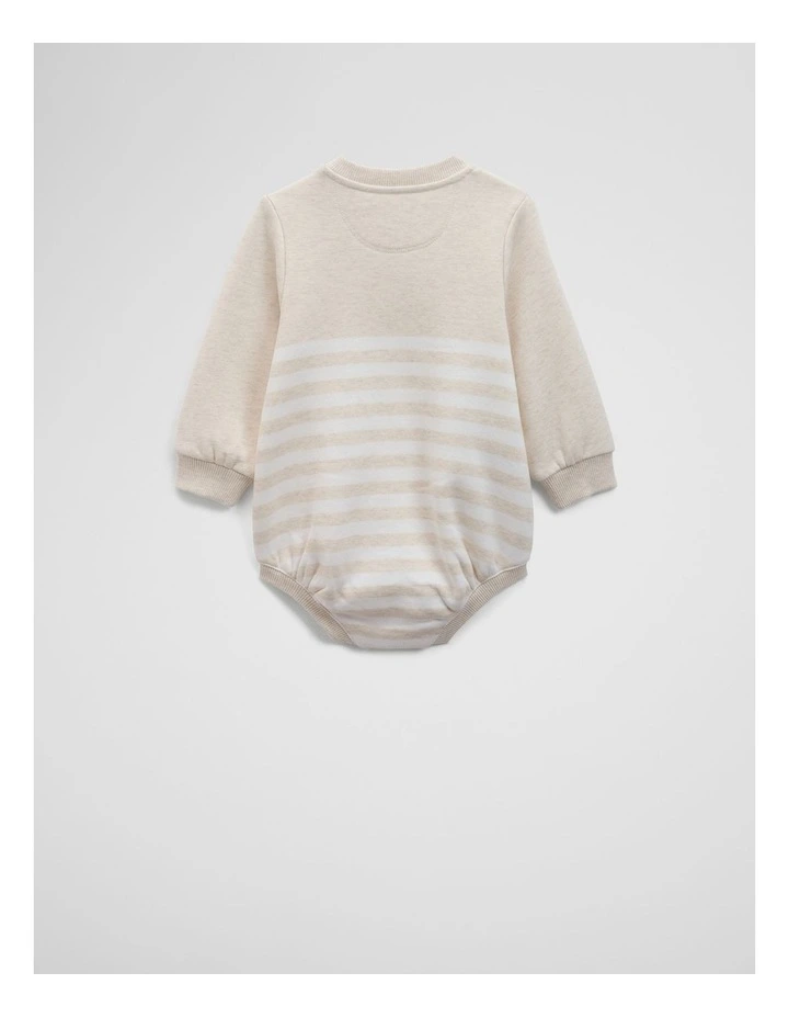 Organically Grown Cotton Logo Oversized Long Sleeve Bodysuit in Oatmeal Marle Stripe image 2