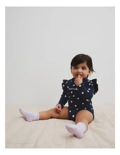 Frill Long Sleeve Logo Bodysuit in Navy Spot