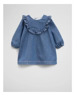 Denim Frill Dress in Mid Blue