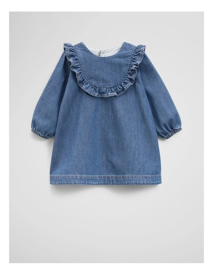 Denim Frill Dress in Mid Blue image 1