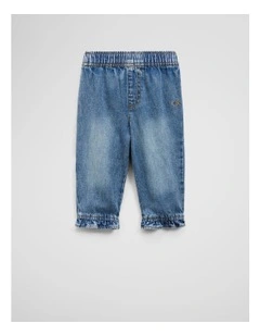 Denim Frill Pant in Mid Blue