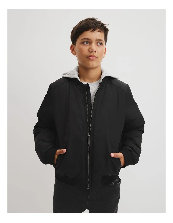 Teen Hooded Bomber Jacket in Black image 2