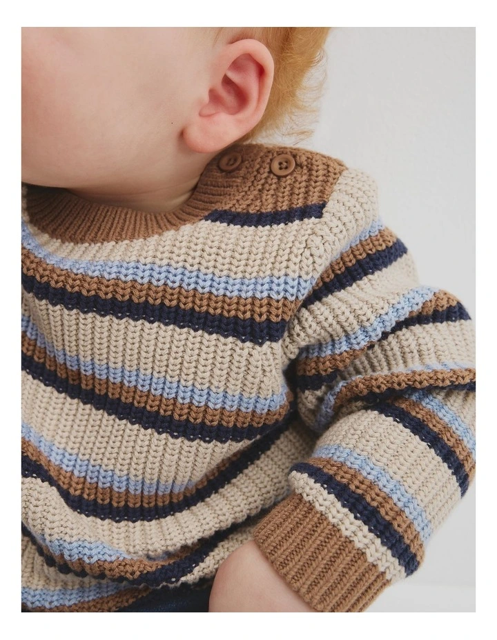 Crew Neck Stripe Knit Sweater in Multi image 2