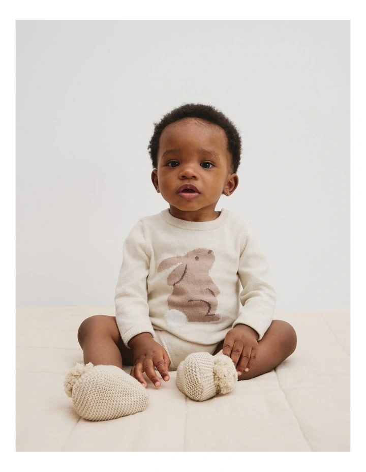 Organically Grown Cotton Cord Knit Bunny Bodysuit in Oatmeal Marle image 1