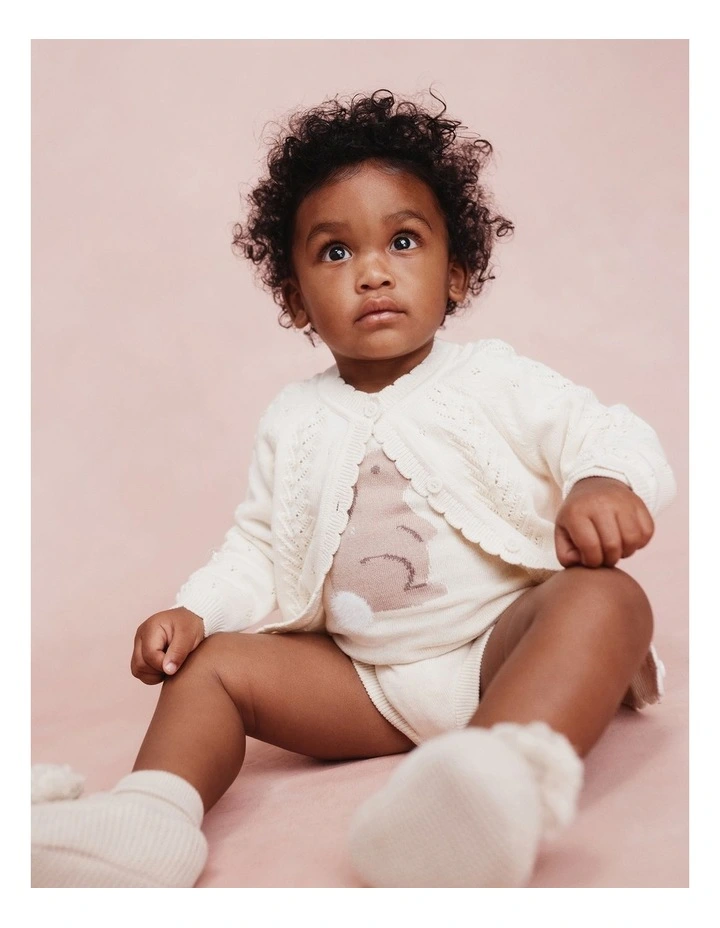 Organically Grown Cotton Cord Knit Bunny Bodysuit in Oatmeal Marle image 2