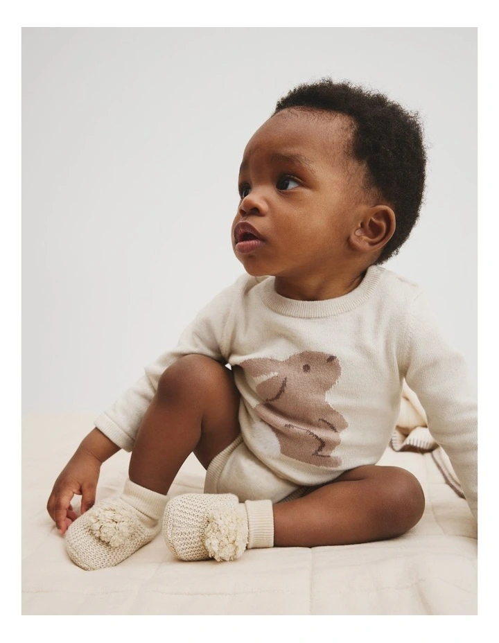 Organically Grown Cotton Cord Knit Bunny Bodysuit in Oatmeal Marle image 3