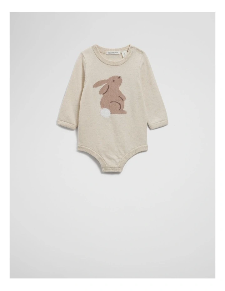 Organically Grown Cotton Cord Knit Bunny Bodysuit in Oatmeal Marle image 4