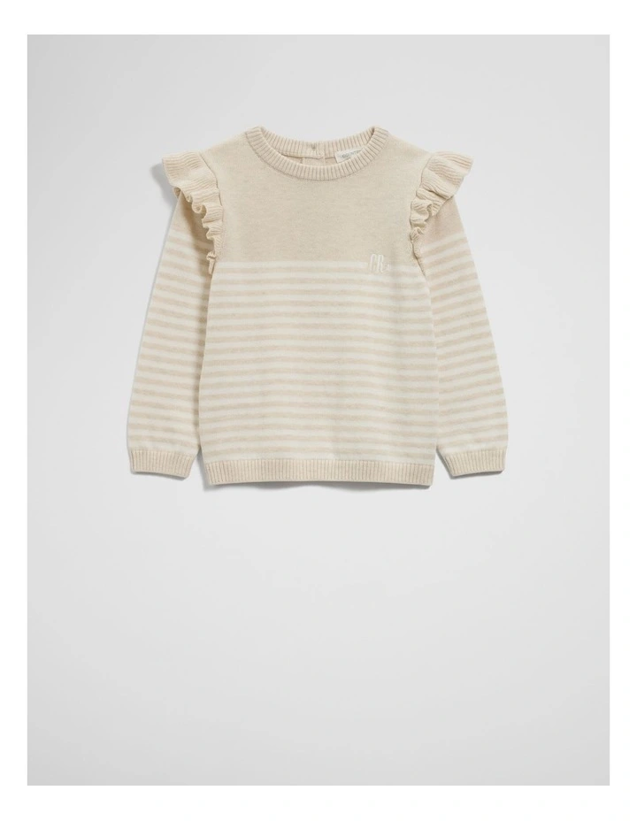 Organically Grown Cotton Blend Logo Frilled Knit in Oatmeal Marle image 1