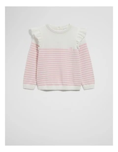 Organically Grown Cotton Blend Logo Frilled Knit Top in Multi