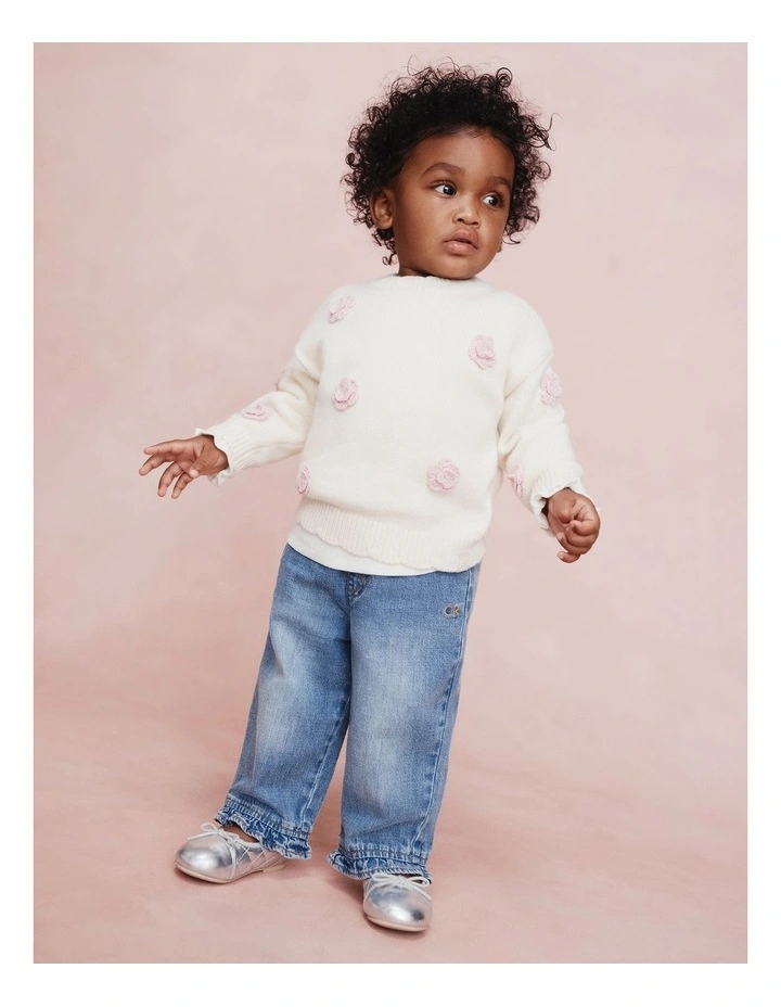 Flower Motif Knit Sweater in Oyster image 2